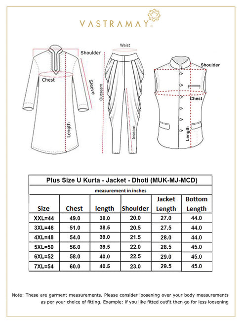 Jashvi Men's Plus Size Gold Zari Weaved Nehru Jacket With Curved Kurta Dhoti set